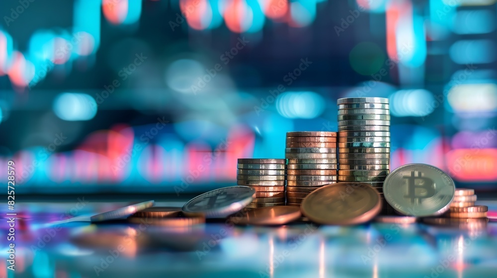 Poster stock funding or money saving graph with coins background for business ideas and design chart for fi