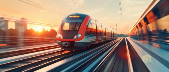 Close up of a modern train speeding along tracks