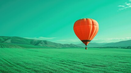 Fototapeta premium A whimsical hot air balloon floating over a scenic landscape, isolated on a green background