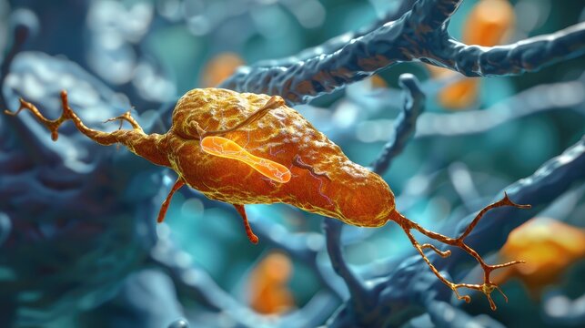 3D render of a human pancreas with insulin production highlighted