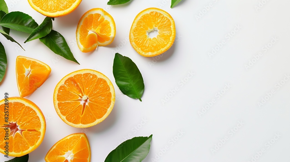 Poster orange fruit with segment and green leaves isolated on white background : generative ai
