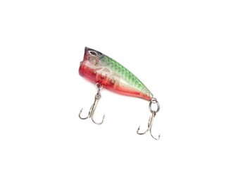 Picture of colorful fish shaped plug baits with 3 way hooks. Fishing equipment isolated on white...