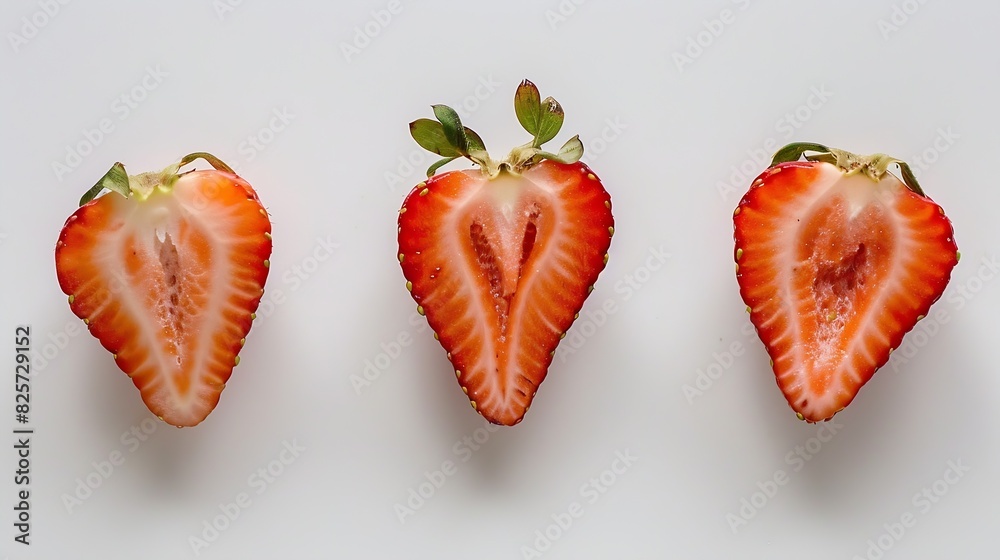 Poster isolated strawberries three fruits one cut in half on white background : generative ai