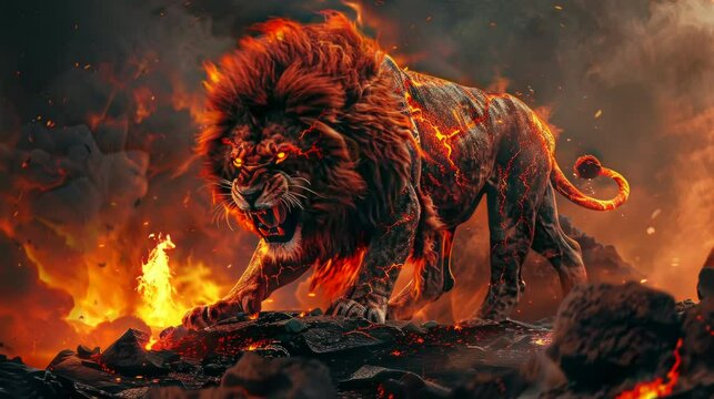a lion king of the jungle who roared with anger and walked on burning fire. Virtual 4K video animation background with looping time lapse with very smooth graphics.