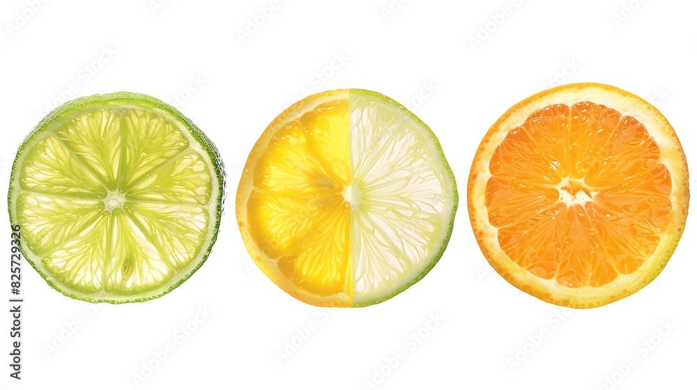 Poster Citrus fruit Orange lemon lime Slices isolated on white background Collection : Generative AI