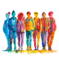 Naklejka premium A watercolor illustration features a diverse group of LGBTQ+ individuals standing together in solidarity, depicted on a transparent background.