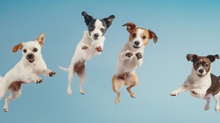 Young dogs jumping playing flying Cute doggies or pets are looking happy isolated on colorful or gradient background Studio Creative collage of different breeds of dogs Flyer for your  : Generative AI