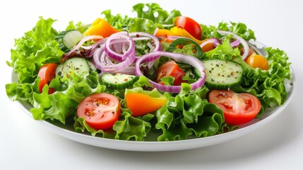 Fresh and Healthy Tossed Salad with Lettuce, Red Onions, and Vegetables on White Plate - Balanced Diet Concept