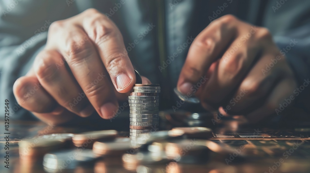 Poster Man counts his coins on a table Personal finance finance management savings thrifty or avarice concept : Generative AI
