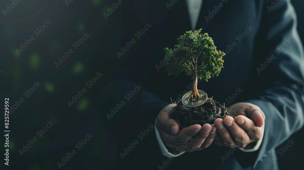 Aufkleber a businessman holding a coin with a tree that grows and a tree that grows on a pile of money the ide