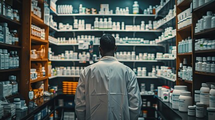 The Pharmacist's Domain: A Cinematic Rear View of a White-Coated Professional Amidst Stocked Shelves