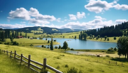 A stunning spring day landscaping views of fertile land surrounded beautiful green vegetation, wide stretches of hills and mountains with clear skies in spring