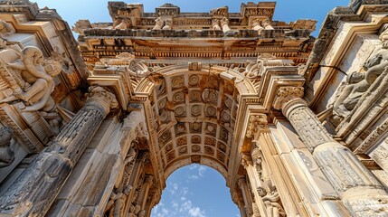 Fototapeta premium Majestic Ancient Stone Archway with Mythological Carvings Evoking Awe and Grandeur