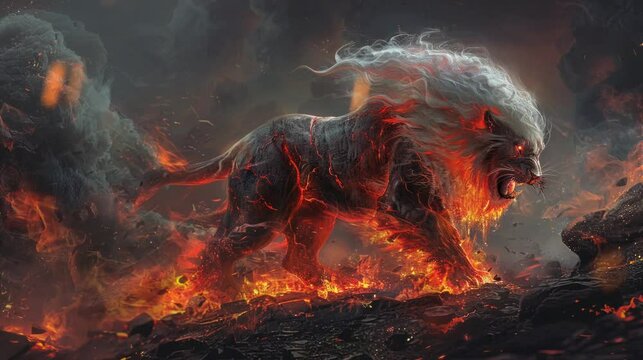 a lion that roared with anger and walked on fire. Virtual 4K video animation background with looping time lapse with very smooth graphics.