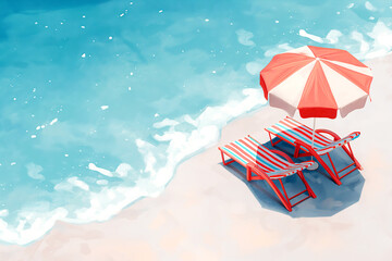 椅子とビーチパラソルのある夏の海の風景イラスト