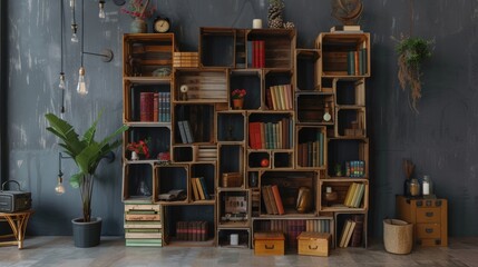 A brilliant upcycling idea showcasing old wooden crates creatively repurposed into modular storage shelves, displaying books and decorative items in a stylish and eco-friendly manner, 
