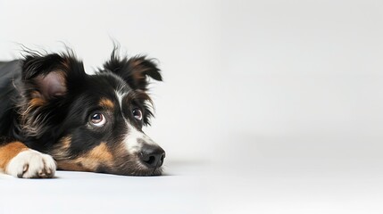 Funny studio portrait of the puppy dog Australian Shepherd lying on the white background looking at the copy space : Generative AI