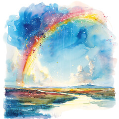 A serene watercolor painting depicts a rainbow appearing in the sky above a tranquil landscape, set against a transparent background.