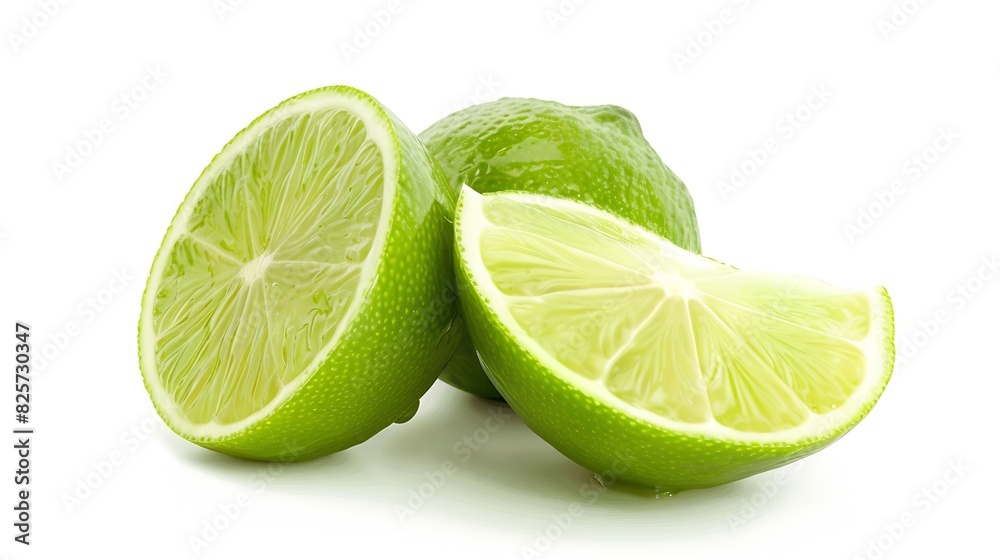 Poster Green lime with cut in half and slices isolated on white background : Generative AI