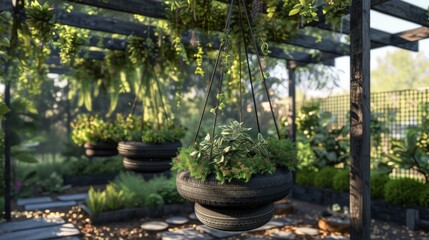 A clever upcycling project featuring repurposed bicycle tires transformed into chic planters, hanging from a pergola in a lush garden setting,