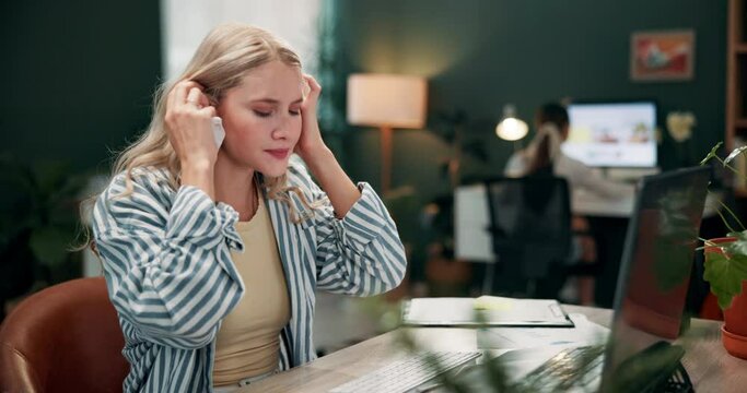 Business, cold or tissue and woman sneezing with laptop in office for creative or design occupation. Computer, flu or sick and receptionist person in workplace with allergies, hay fever or sinus