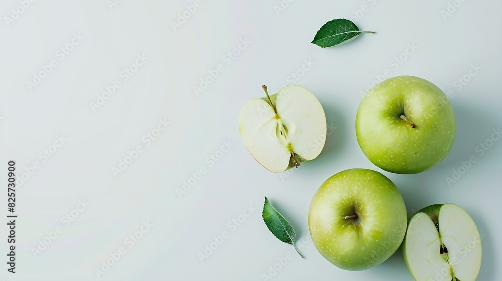 Poster flat lay of fresh green apple fruit with cut in half and slice isolated on white background : genera