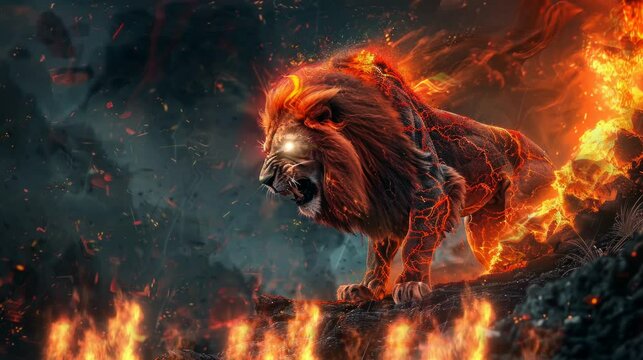 a roaring and angry lion. Virtual 4K video animation background with looping time lapse with very smooth graphics.