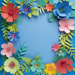 Obraz premium a blue background with colorful paper flowers and green leaves on the edges, generative AI