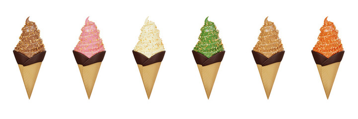 various flavors of soft serve ice cream with sprinkle nuts on chocolate dipped waffle cones isolated on transparent background. 3d illustration.
