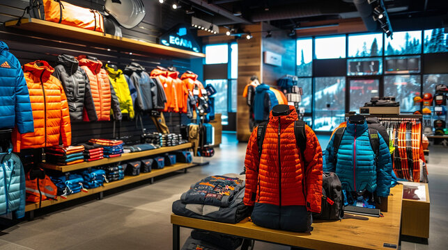A modern outdoor gear store with colorful jackets and equipment on display, providing various options for adventurers and outdoor enthusiasts.