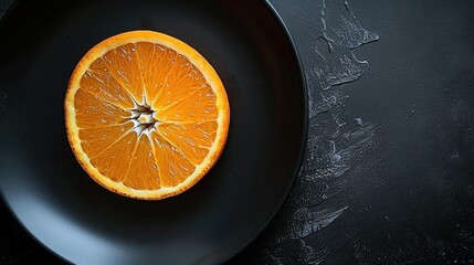 Mitad de naranja fresca sobre un plato negro en fondo oscuro, vista cenital