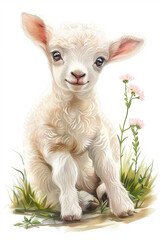 Adorable illustration of a young lamb sitting on grass with flowers, capturing the essence of innocence and nature.