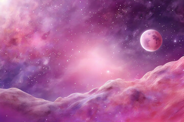pastel fantasy Purple sky galaxy space night background. Pink abstract cosmos with planet and starry light texture outer design
