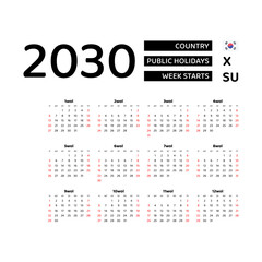Calendar 2030 Korean language with South Korea public holidays. Week starts from Sunday. Graphic design vector illustration.