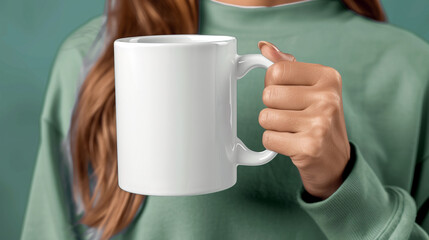 Close-up of a woman holding a plain white mug with a green background, perfect for branding, advertising, or personal use.
