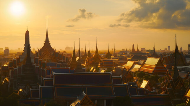 The Grand Palace view of Thailand. Wat Phra Kaew at sunset Bangkok