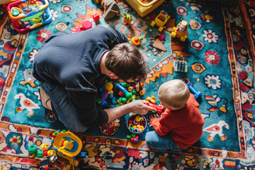 Aerial view of father and young son playing with toys on rug at home.