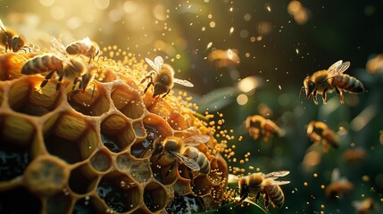 Close-up of a beehive with several bees nesting in a honeycomb hexagonal shape.