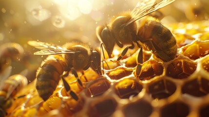 Close-up of a beehive with several bees nesting in a honeycomb hexagonal shape.