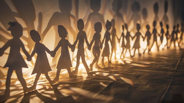 Paper cut out people linked together in a human chain illuminated by light and shadow