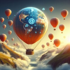 Naklejka premium Illustration of Internet Network Carried by Air Balloon: Skybound Innovation