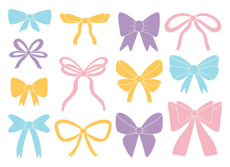 Set of various hand-drawn bows, gift ribbons. Fashionable hair braiding accessory. Hand drawn vector illustration.