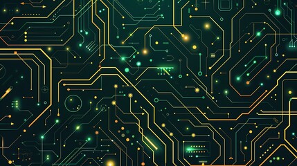 Futuristic Digital Pattern with Circuit Board Elements and Treasure Map Dotted Line, Cartoon Style Website Background Illustration