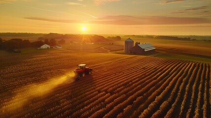 Obraz premium Picturesque Sunset Over Idyllic Farmland with Tractor Harvesting Crops