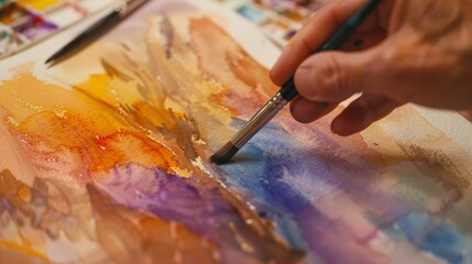 Naklejka premium Participants experiment with different color combinations and techniques using the vibrant hues of their watercolor paints to capture the essence of the rugged Western terrain.