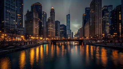 Fototapeta premium The Glittering Skyline of a Thriving Metropolis Reflected in the Serene Waters of the River at Dusk