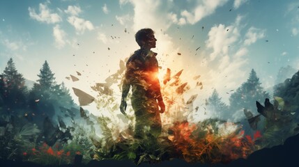 Naklejka premium Man in Nature with Shattering Effect at Sunrise 
