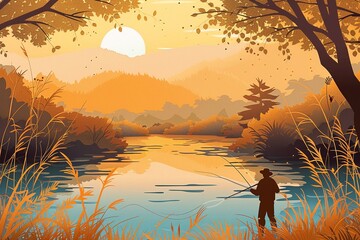 Fishing by a riverbank, vector paper cut illustration, warm natural light and summer setting