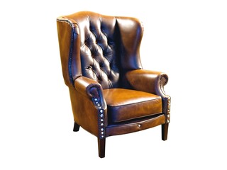 a brown leather wingback chair studded isolated on a transparent background
