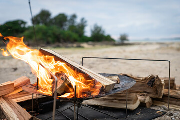 焚火 焚火キャンプ 自然の中で野営 燃える炎 焚火台 ソロキャンプ